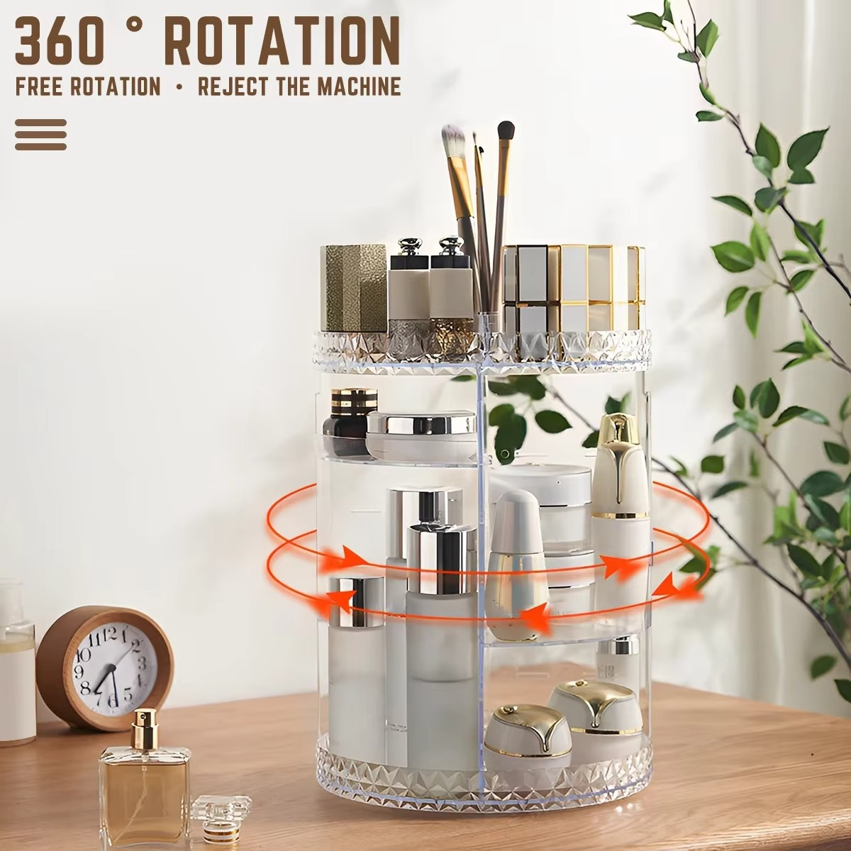 360-Degree Rotating Multi-Compartment Clear Acrylic Makeup Organizer