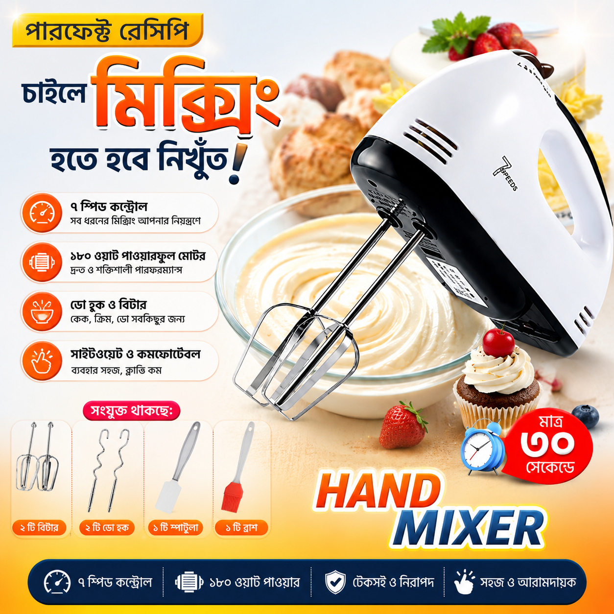 Scarlett Electric Hand Mixer & Egg Beater | 7 Speed 180W Cake Mixer