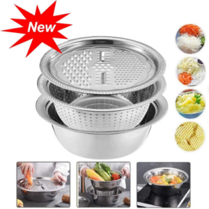 3-in-1 Multifunctional Stainless Steel Grating Basin | 304 Stainless Steel Mixing Bowl, Grater & Drain Basket Set