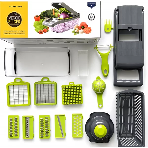 16-in-1 Multifunctional Vegetable Cutter & Chopper | Manual Kitchen Food Slicer with Stainless Steel Blades & Washing Basket