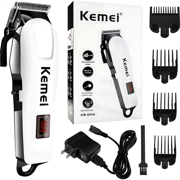 Kemei KM-809A Professional Hair & Beard Trimmer | Cordless Hair Clipper with LCD Display | 240-Min Runtime | 1000mAh Battery