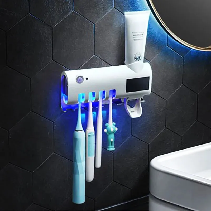 UV Toothbrush Sterilizer Holder with Automatic Toothpaste Dispenser | Wall Mounted USB Rechargeable Sanitizer