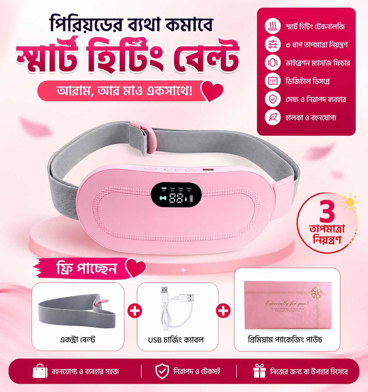 USB Rechargeable Period Pain Relief Belt with Heating & Vibration Massage | Menstrual Heating Pad for Cramps & Waist Comfort