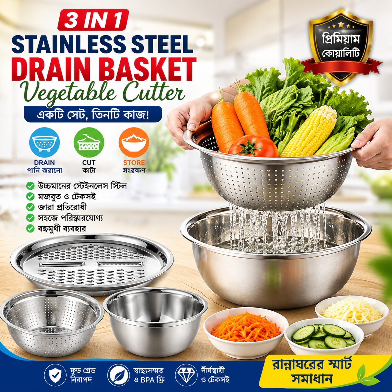 3-in-1 Stainless Steel Drain Basket Vegetable Cutter